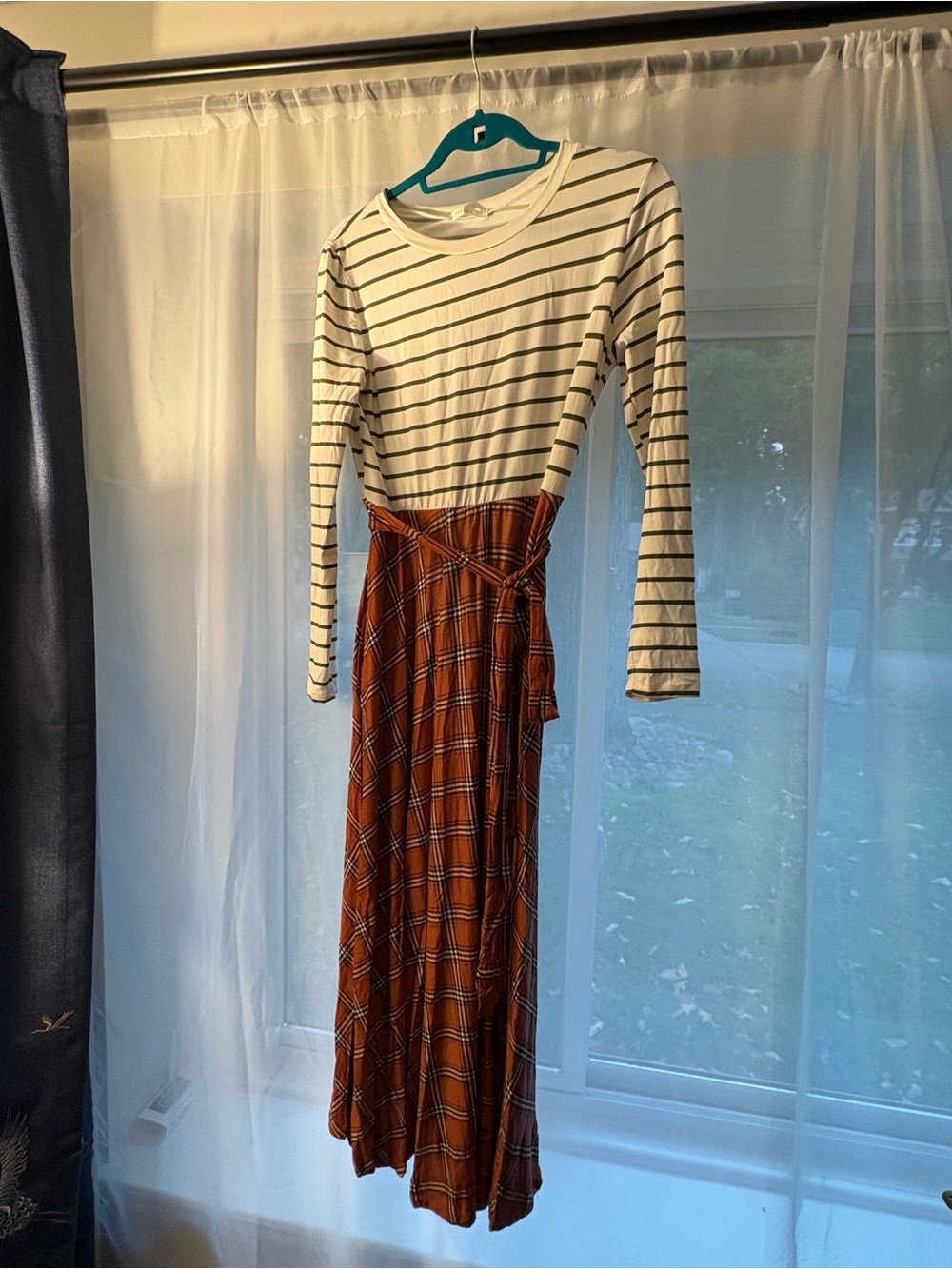 Reborn White & Green Striped Long-Sleeve Top with Rust Plaid Wrap Skirt